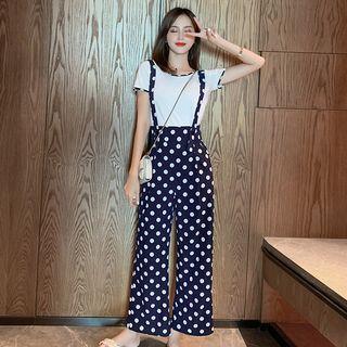 Set: Dotted Cropped Suspender Pants + Contrast Trim Short-sleeve T-shirt