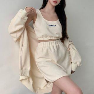Letter Embroidered Tank Top / High Waist Elastic Waist Mini Skirt / Oversized Zip-up Hoodie
