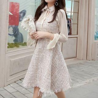 Long-sleeve Tweed Panel Mini A-line Collared Dress