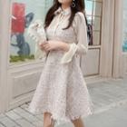 Long-sleeve Tweed Panel Mini A-line Collared Dress