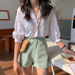 3/4-sleeve Dotted Shirt White - One Size