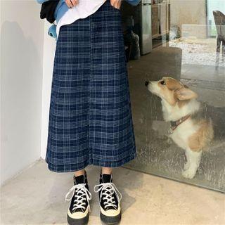 High-waist Plaid Denim Skirt