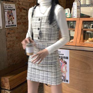Tweed Vest / Mini Pencil Skirt / Tie-front Fluffy Jacket
