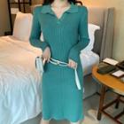 Long-sleeve Plain Collared Knit Dress
