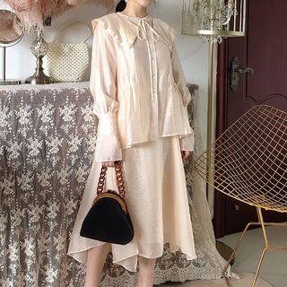 Set: Long-sleeve Satin Top + A-line Midi Skirt