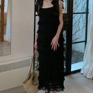 Spaghetti-strap Layered Maxi Sheath Dress Black - One Size