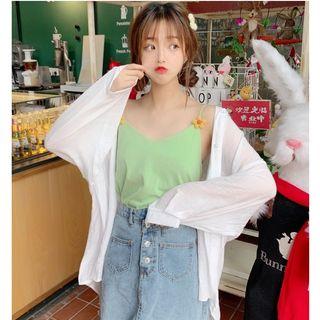 Spaghetti Strap Flower Detail Top / Plain Long-sleeve Shirt