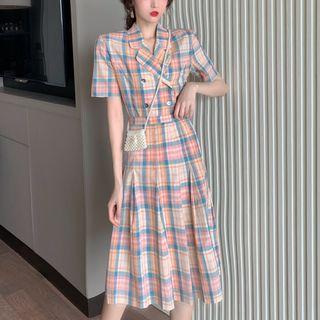 Short-sleeve Plaid Double Breasted Shirt / A-line Midi Skirt