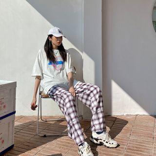 Lettering Plaid Wide Leg Pants