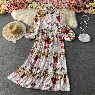 Flower Print Skinny Ruffle Dress White - One Size