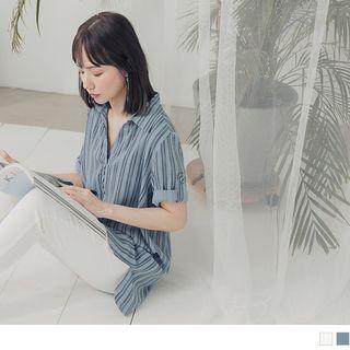 Roll-up Sleeve Stripe Chiffon Blouse