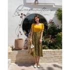 Set: Puff-sleeve Knit Top + Floral Long Skirt Yellow - One Size