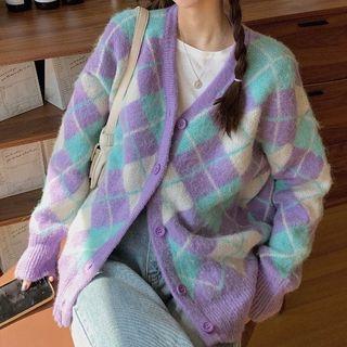 Knitted Argyle Loose-fit Cardigan