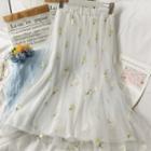 Mesh-overlay Embroidered Midi Skirt White - One Size