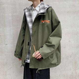 Lettering Mock Two-piece Zipped Hooded Jacket