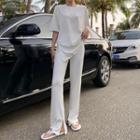High-waist Slit Straight-leg Pants / Elbow-sleeve T-shirt