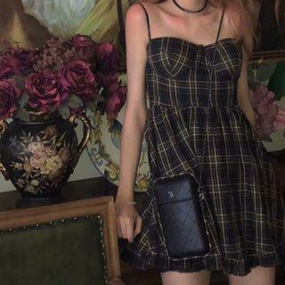Sleeveless Plaid Off-shoulder Mini Dress As Shown In Figure - One Size