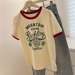 Contrast Trim Lettering Cartoon Print T-shirt Almond - One Size