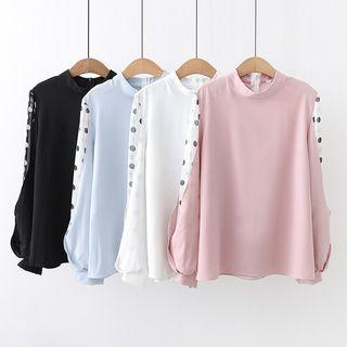 Balloon-sleeve Dotted Mesh Panel Top