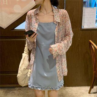 Floral Long-sleeve Blouse / Plain Spaghetti Strap Mini A-line Dress