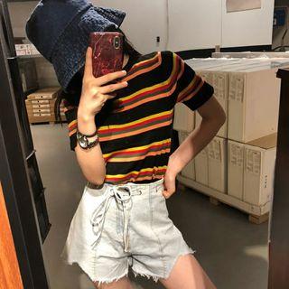 Color-block Striped Short-sleeve Slim-fit Top
