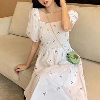 Puff-sleeve Embroidered Midi A-line Dress White - One Size