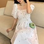 Puff-sleeve Embroidered Midi A-line Dress White - One Size
