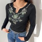 Rose Printed Round Neck Long Sleeve Top