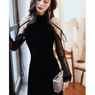 Cold-shoulder Lace Trim Sheath Evening Gown