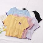 Butterfly-embroidered Button-down Knit Top In 6 Colors