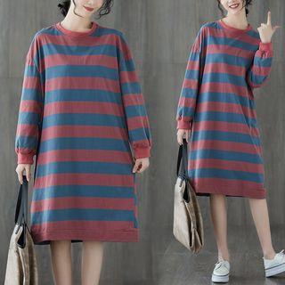 Striped Round-neck Long-sleeve Dress Coffee - F