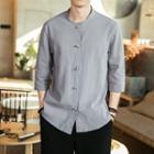 3/4-sleeve Plain Collarless Shirt