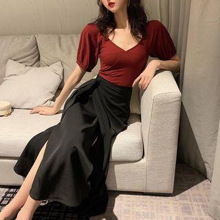 Set: Plain Puff-sleeve T-shirt + Side-slit Midi A-line Skirt
