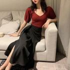 Set: Plain Puff-sleeve T-shirt + Side-slit Midi A-line Skirt