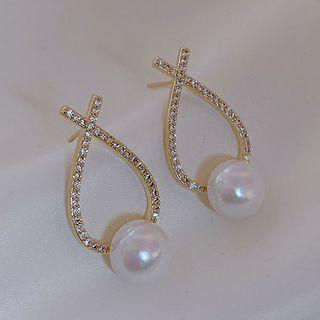 Rhinestone Faux Pearl Drop Earring 1 Pair - Earring - Faux Pearl - One Size