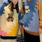Couple Matching Bear Embroidered Color Block Sweater