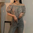 Short-sleeve Off Shoulder Floral Blouse White - One Size