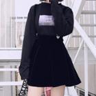 Printed Long-sleeve T-shirt / Velvet Suspender Skirt
