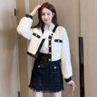 Set: Contrast Trim Button Jacket + Plaid Mini A-line Skirt