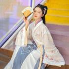 Set: Long-sleeve Floral Embroidered Hanfu Top + Wrap Top + Maxi Skirt