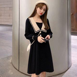 Long-sleeve Collared Knit A-line Dress