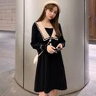 Long-sleeve Collared Knit A-line Dress