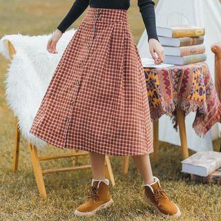 Plaid Corduroy Midi A-line Skirt