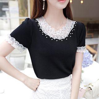 Faux-pearl Lace-edge Top