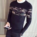 Letter Embroidered Camo Panel Sweater