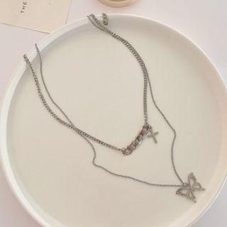 Butterfly Pendant Layered Stainless Steel Necklace 1 Pc - Silver - One Size