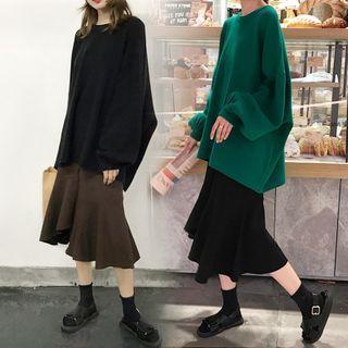 Drop Shoulder Plain Sweater / Asymmetric Mermaid Skirt / Set