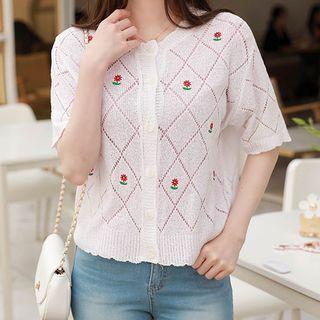 Flower-embroidered Perforated Cardigan