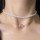 Gemstone Pendant Faux Pearl Choker 0741a - Gold - One Size