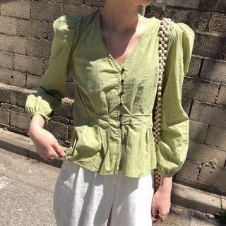 Long-sleeve Ruffled V-neck Plain Blouse Avocado - One Size